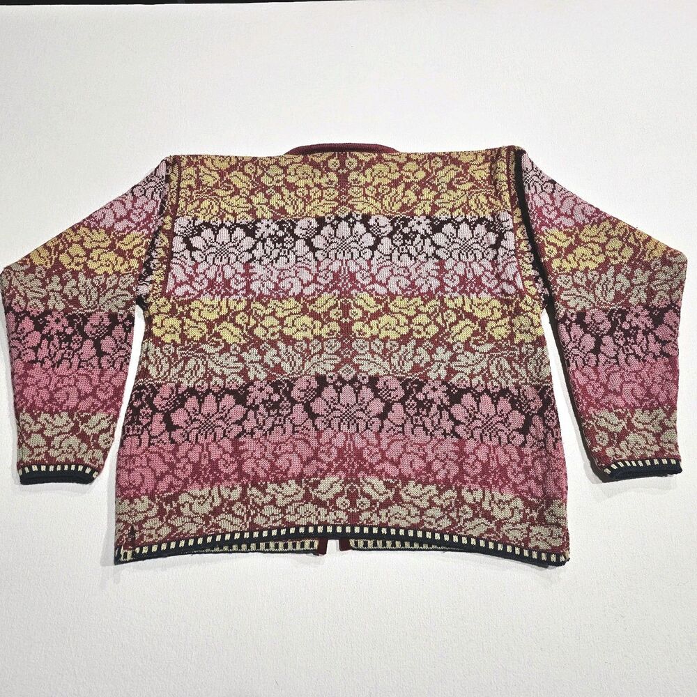 OLEANA Multicolor Floral 100% Pure New Wool Long Sleeve Cardigan Sweater Size L - Picture 7 of 14